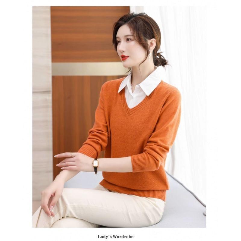 Mock Two-Piece Long-Sleeve Collar Two Tone Knit Top Product Image