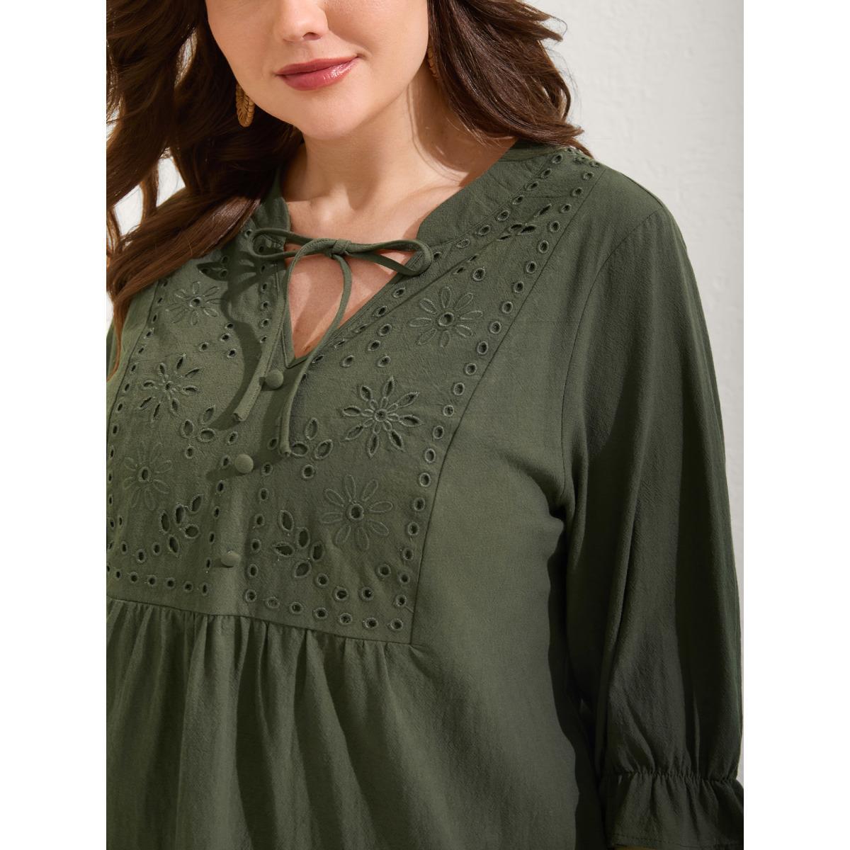 Plus Size ArmyGreen Broderie Anglaise Tie Knot Lantern Sleeve Blouse Women Resort Elbow-length sleeve Notched collar Vacation Blouses BloomChic 26/4X Product Image