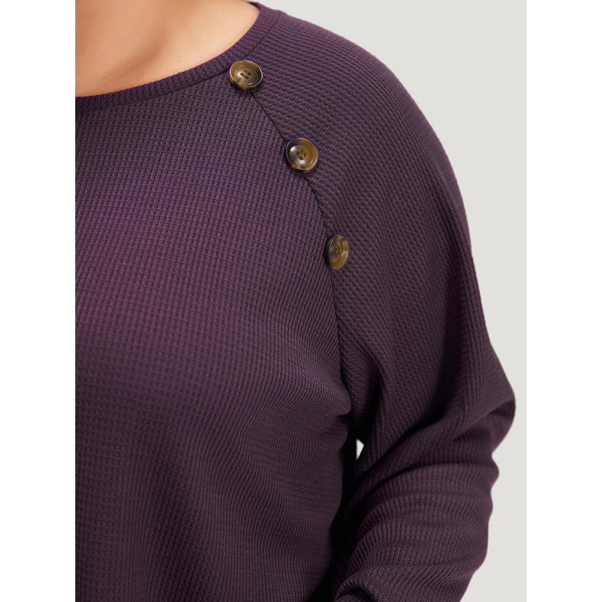 Plus Size Plain Waffle Knit Button Detail Crew Neck Raglan Sleeve T-shirt Purple Women Casual Elastic cuffs Plain Round Neck Dailywear T-shirts BloomChic 30/6X Product Image