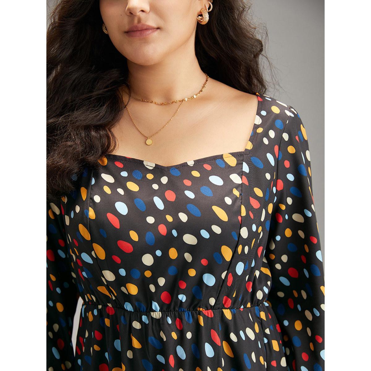 Plus Size Contrast Polka Dot Pocket Long Sleeve Dress Black Women Elegant Printed Square Neck Long Sleeve Curvy Midi Dress BloomChic 30/6X Product Image