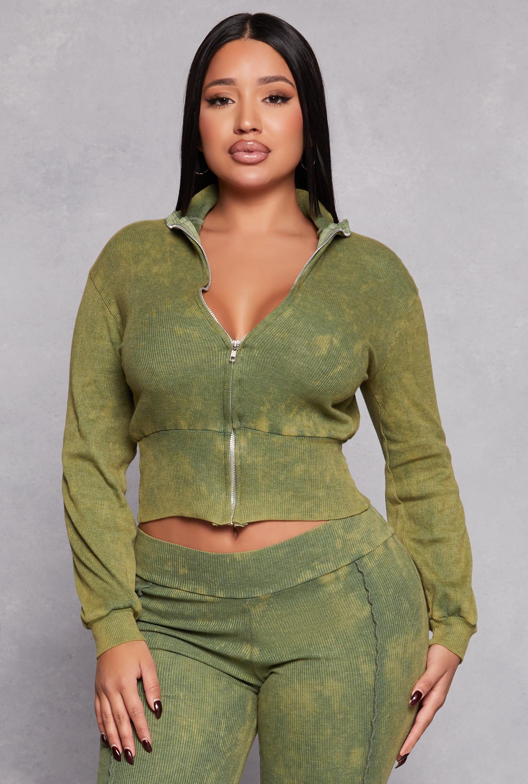 Womens Ribbed Knit Acid Wash Zip Front Crop Top Product Image