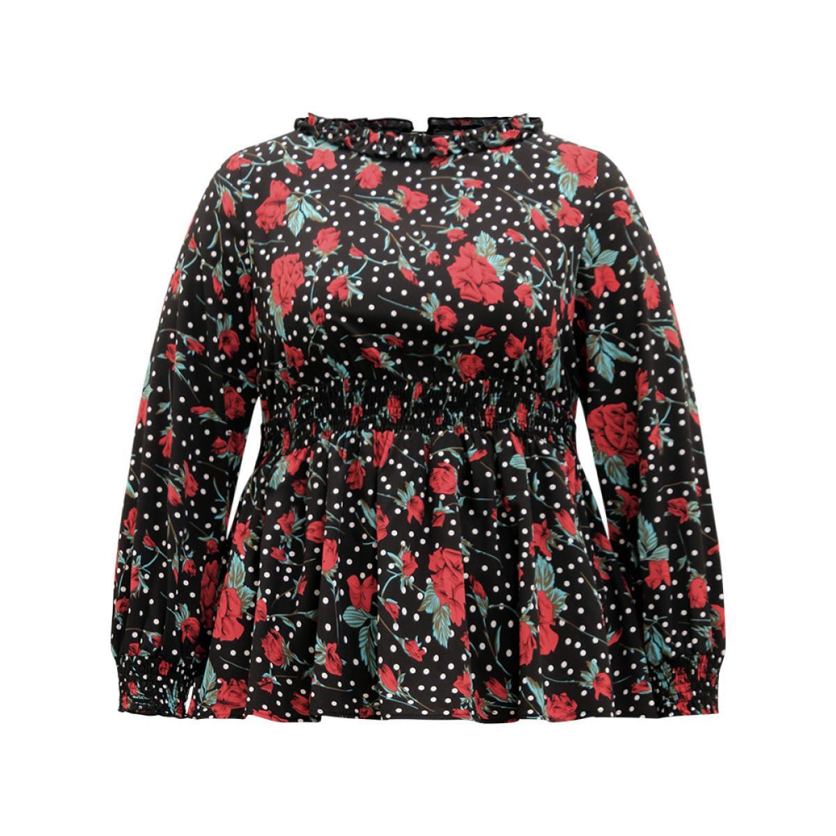 Plus Size BlackFlower Rose Print Shirred Frill Trim Lantern Sleeve Blouse Women Elegant Long Sleeve Round Neck Dailywear Blouses BloomChic 14-16/1X Product Image