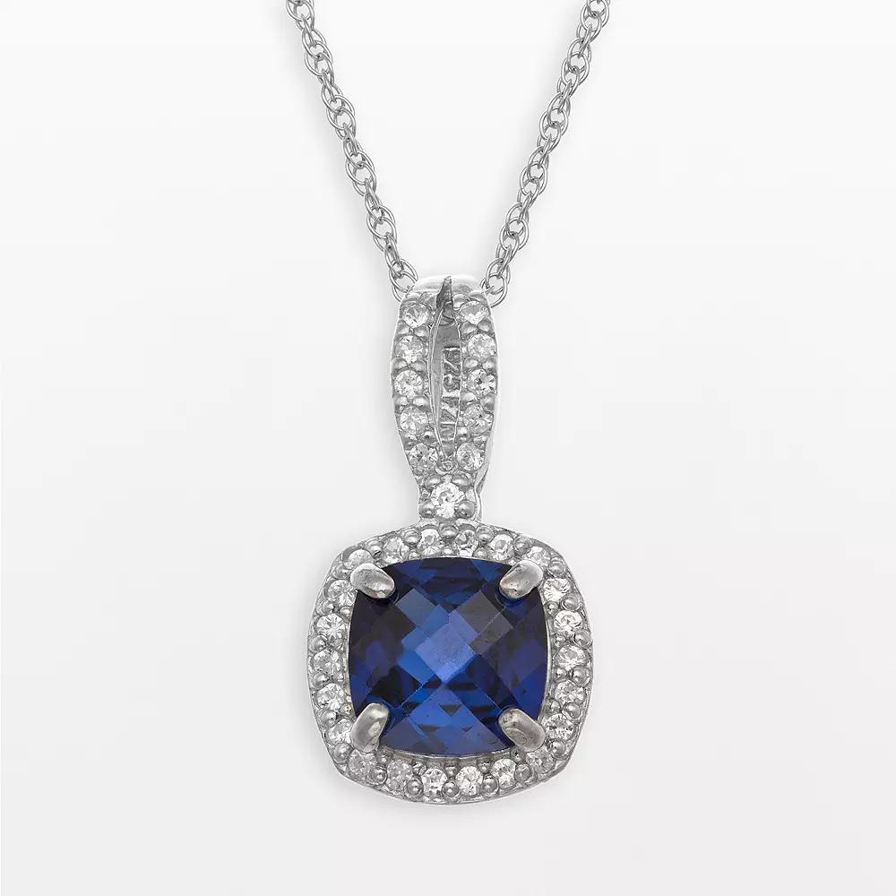 Sterling Silver Lab-Created Blue and White Sapphire Square Halo Pendant, Women's, Size: 18", Multi Grey Product Image