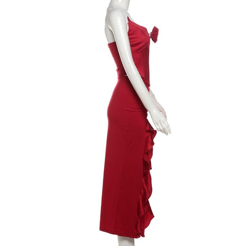 Set: Plain Flower Detail Tube Top + High Waist Ruffle Slit Maxi Pencil Skirt Product Image