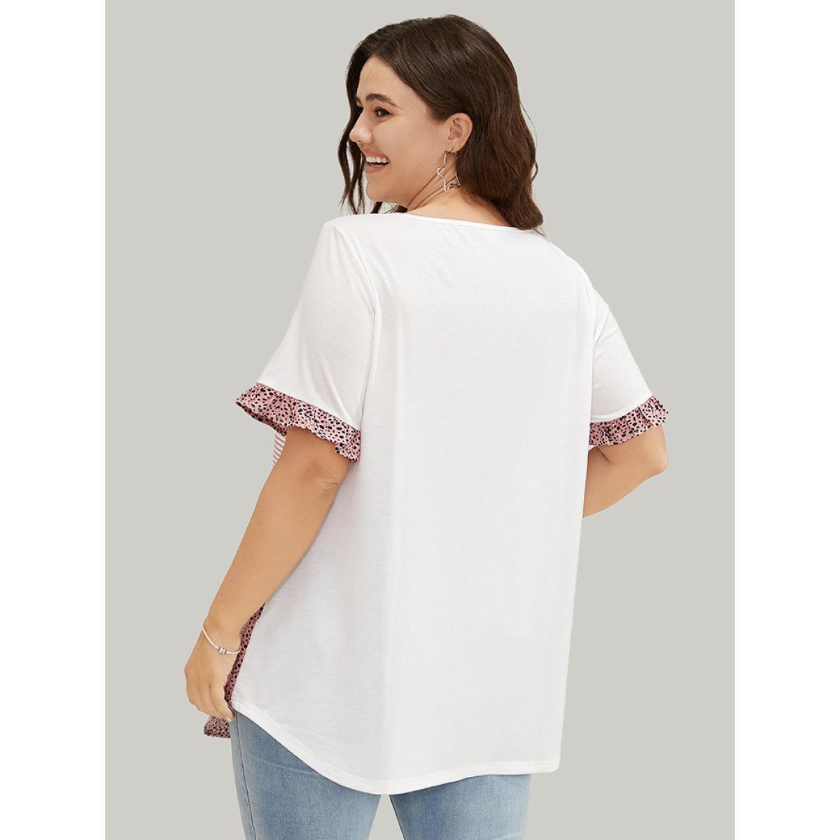 Plus Size Leopard & Striped Contrast Ruffle Sleeve Pocket T-shirt Rouge Women Casual Contrast Colorblock Round Neck Dailywear T-shirts BloomChic 26/4X Product Image
