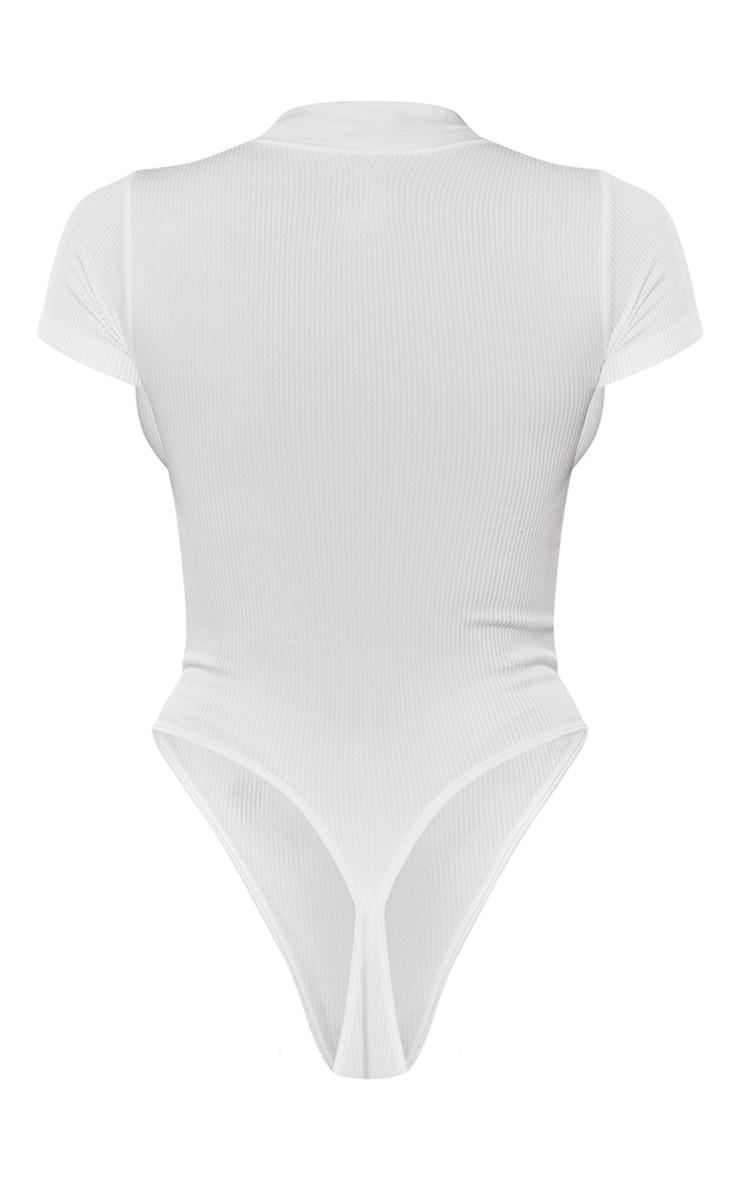 White Structured Snatched Ribbed Zip Front Short Sleeve Bodysuit Product Image
