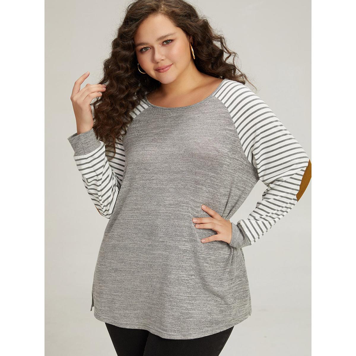 Plus Size Striped Raglan Sleeve Patched Split Side T-shirt Gray Women Casual Contrast Striped Round Neck Dailywear T-shirts BloomChic 28/5X Product Image