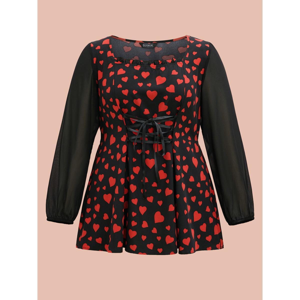 Plus Size Black Heart Print Patchwork Waist-Tie Blouse Women Elegant Extra Long Sleeve Square Neck Everyday Blouses BloomChic 28/5X Product Image