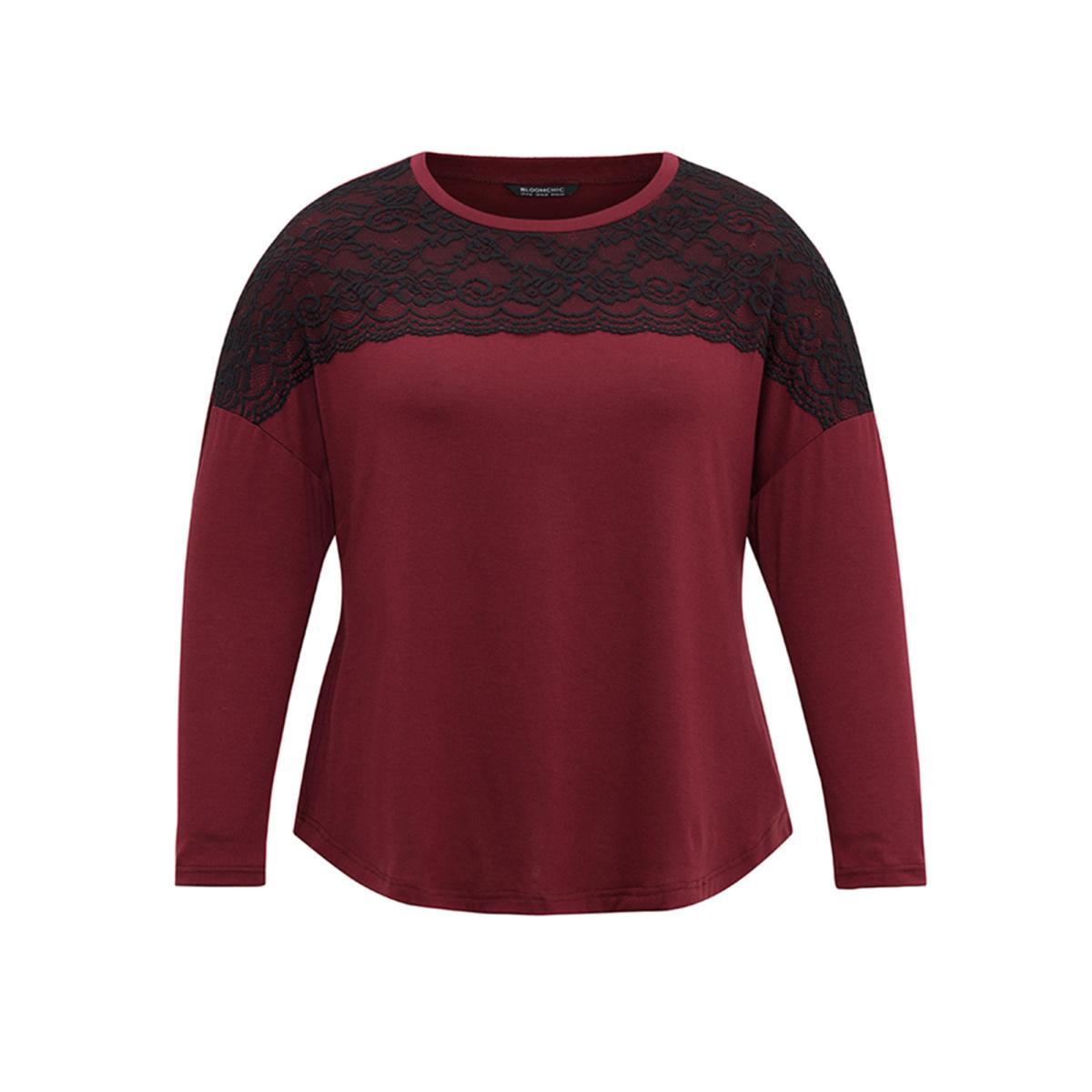 Plus Size Contrast Lace Panel Drop Shoulder T-shirt Burgundy Women Elegant Contrast Plain Round Neck Dailywear T-shirts BloomChic 22-24/3X Product Image