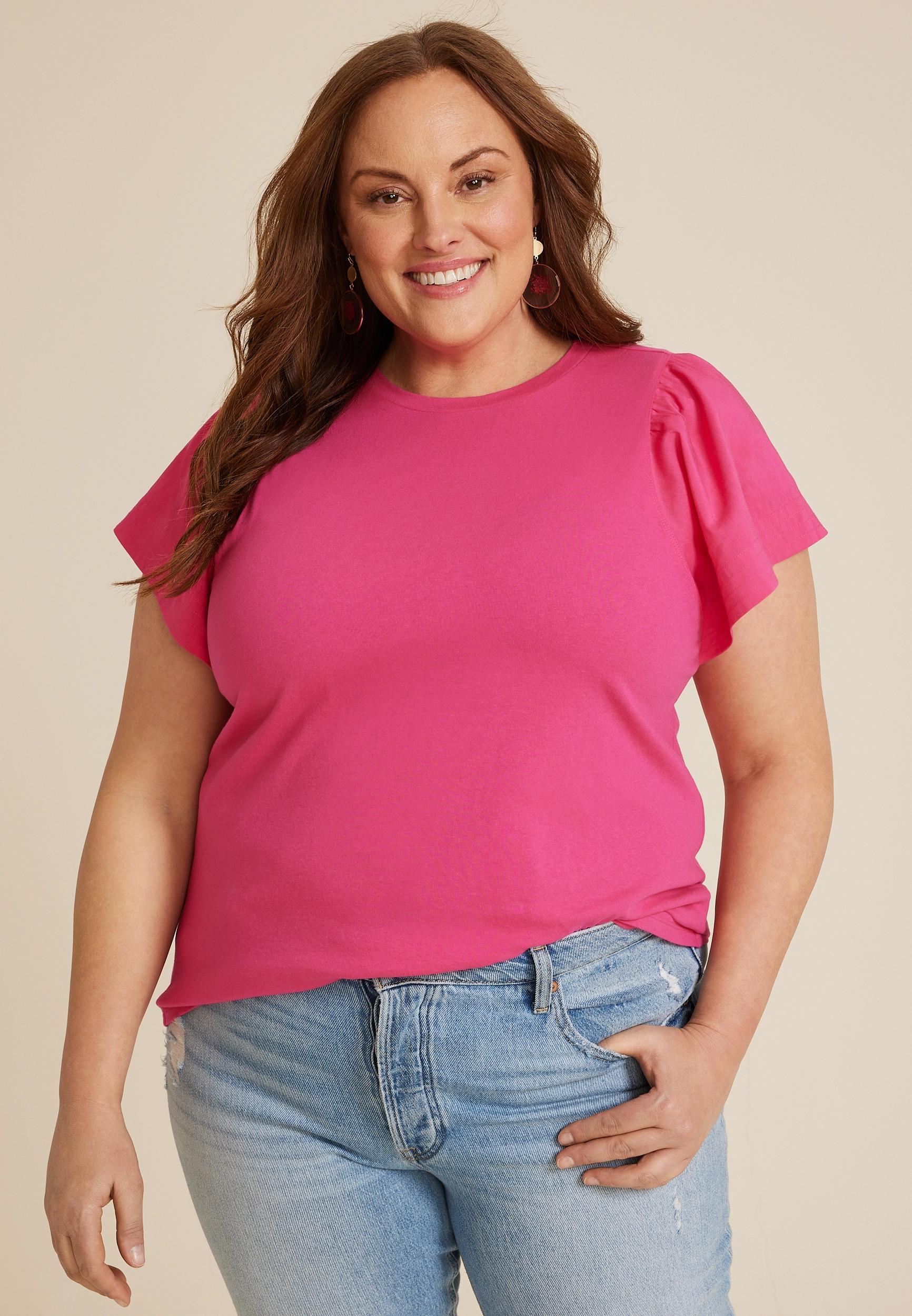 Maurices 2X Plus Size Womens Woven Flutter Sleeve Tee Green Product Image