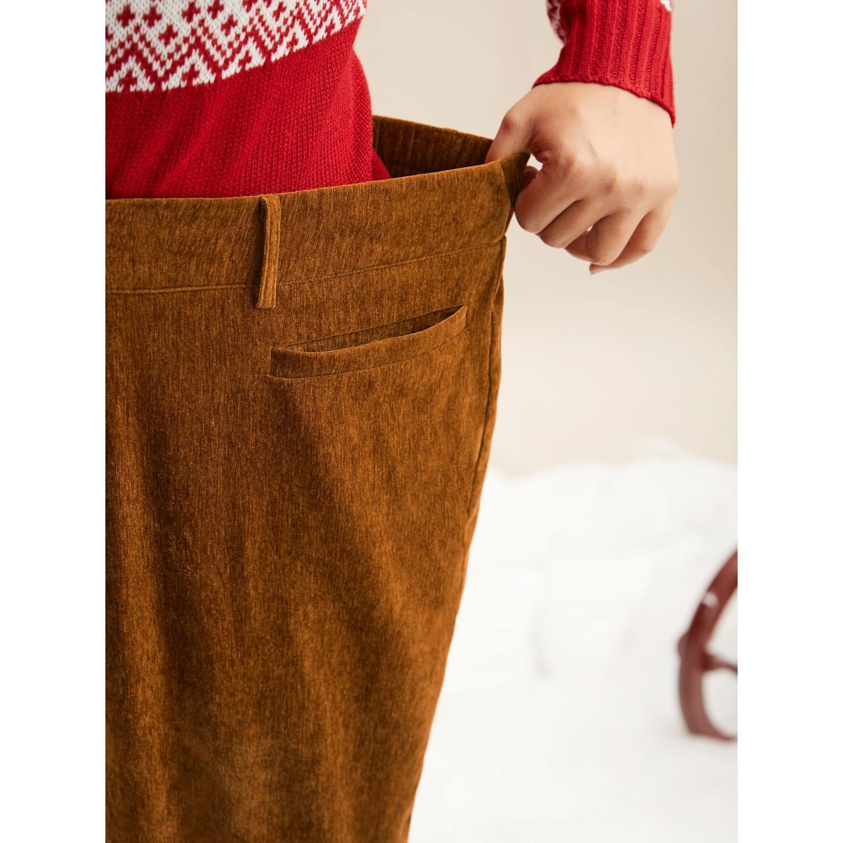 Plus Size Mid Rise Button Up Straight Leg Pants Women Yellowishbrown Casual Straight Leg Mid Rise Everyday Pants BloomChic 18-20/2X Product Image