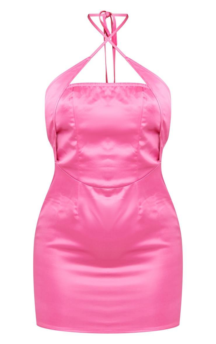 Hot Pink Satin Cross Neck Detail Bodycon Dress Product Image