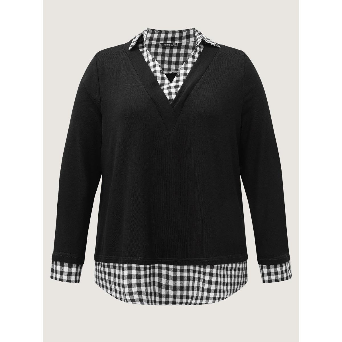 Plus Size Gingham Patchwork Shirt Collar Arc Hem Sweatshirt Women Black Casual Patchwork V-neck Everyday Sweatshirts BloomChic 10/M Product Image