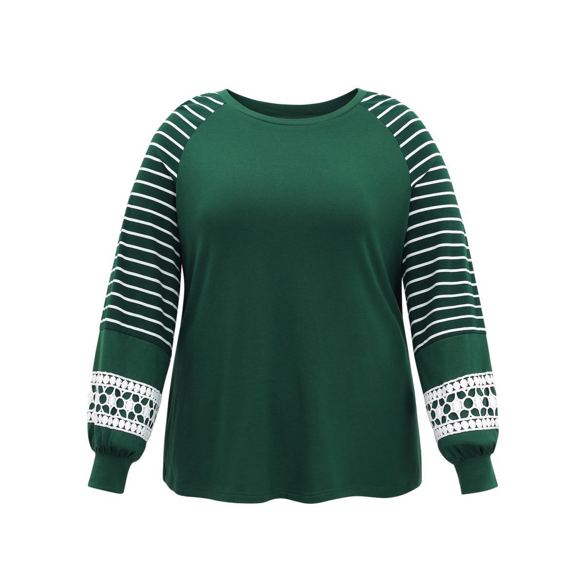 Plus Size Striped Guipure Lace Raglan Sleeve T-shirt DarkGreen Women Elegant Plain Striped Round Neck Dailywear T-shirts BloomChic 12/L Product Image