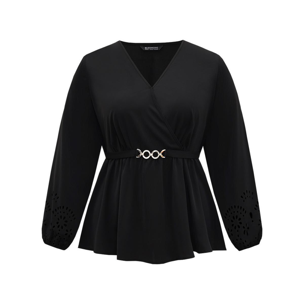 Plus Size Black Plain Elastic Waist Buckle Detail Wrap Blouse Women Office Long Sleeve V-neck Work Blouses BloomChic 10/M Product Image