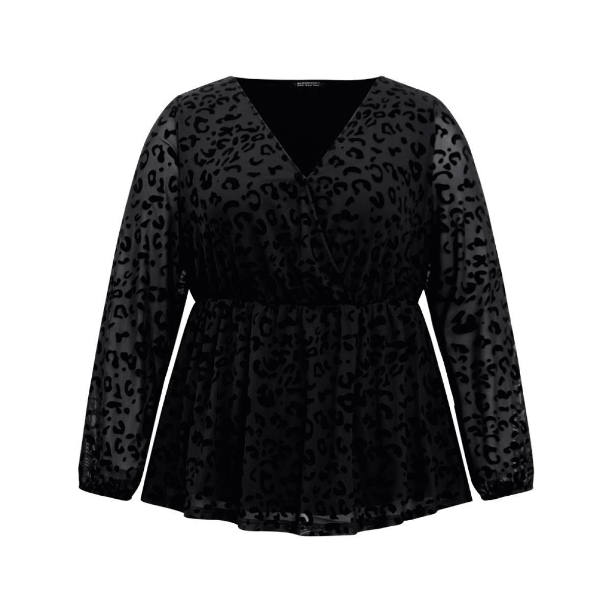 Plus Size Black Leopard Flocking Mesh Patchwork Wrap Blouse Women Glamour Long Sleeve V-neck Going out Blouses BloomChic 28/5X Product Image