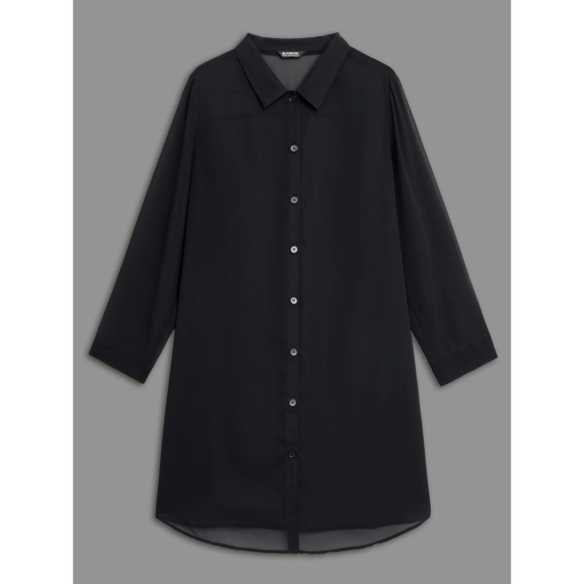 Plus Size Black Chiffon Mesh Pleated Tunic Blouse Women Elegant Long Sleeve Shirt collar Everyday Blouses BloomChic 28/5X Product Image
