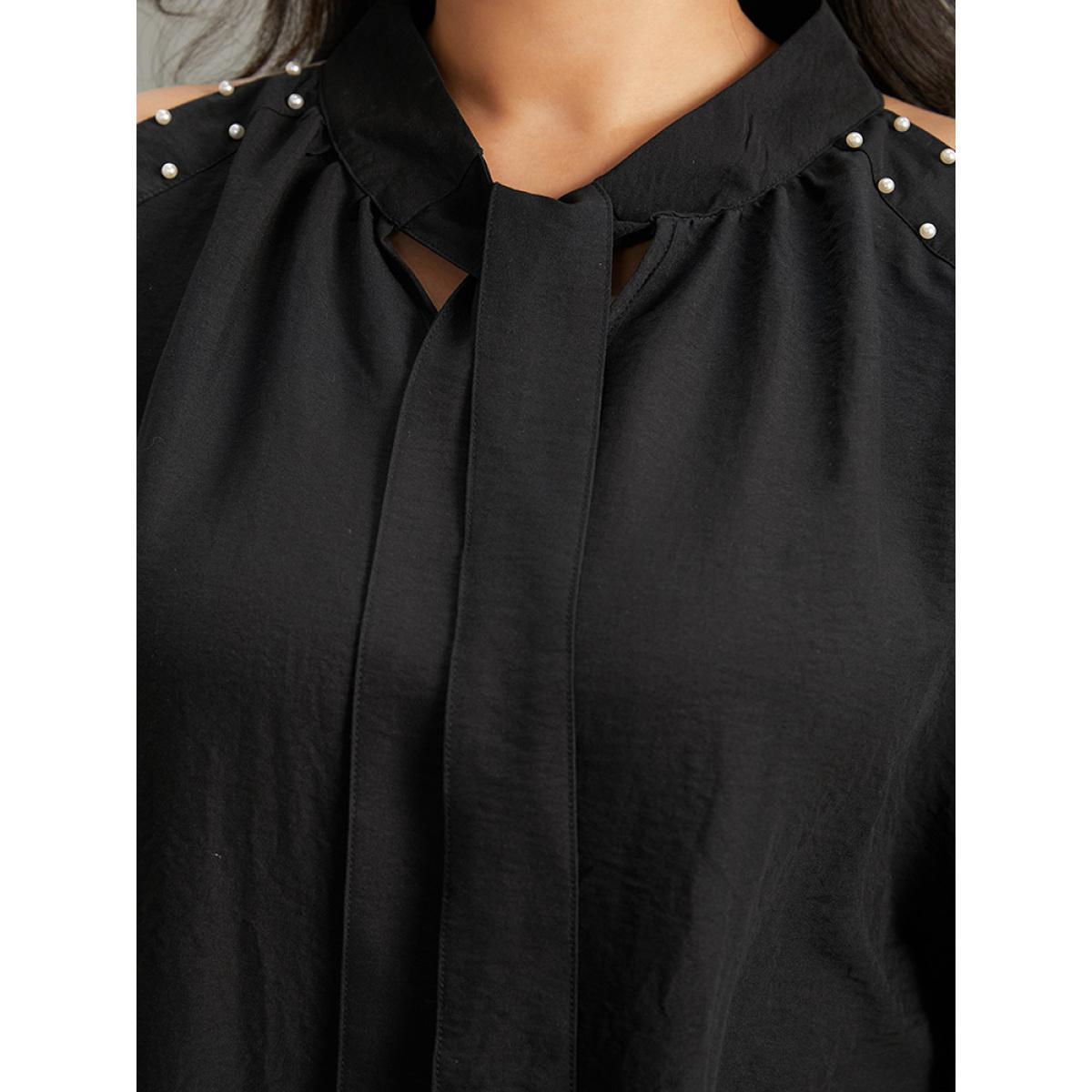 Plus Size Black Pearl Beaded Cold Shoulder Keyhole Bowknot Blouse Women Glamour Long Sleeve Cold Shoulder Going out Blouses BloomChic 22-24/3X Product Image