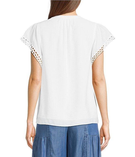 Current Air Hand Embroidered Trim Split Neck Flutter Sleeve Blouse Product Image