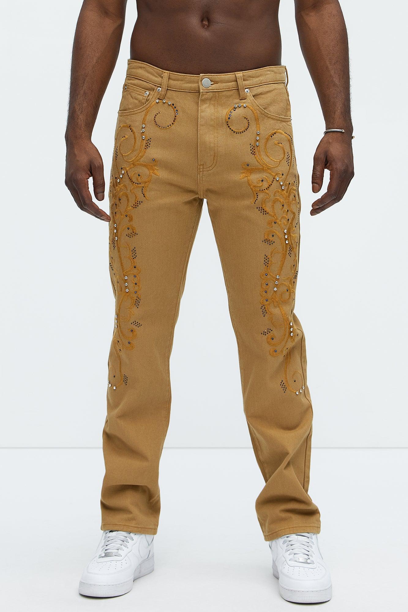 Kurt Rhinestone Embroidered Slim Jeans - Khaki Product Image