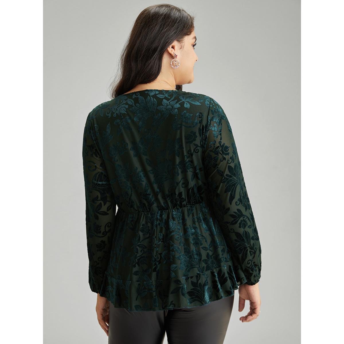 Plus Size DarkGreen Silhouette Floral Print Plain Velvet Texture Wrap Blouse Women Elegant Long Sleeve Overlap Collar Party Blouses BloomChic 30/6X Product Image