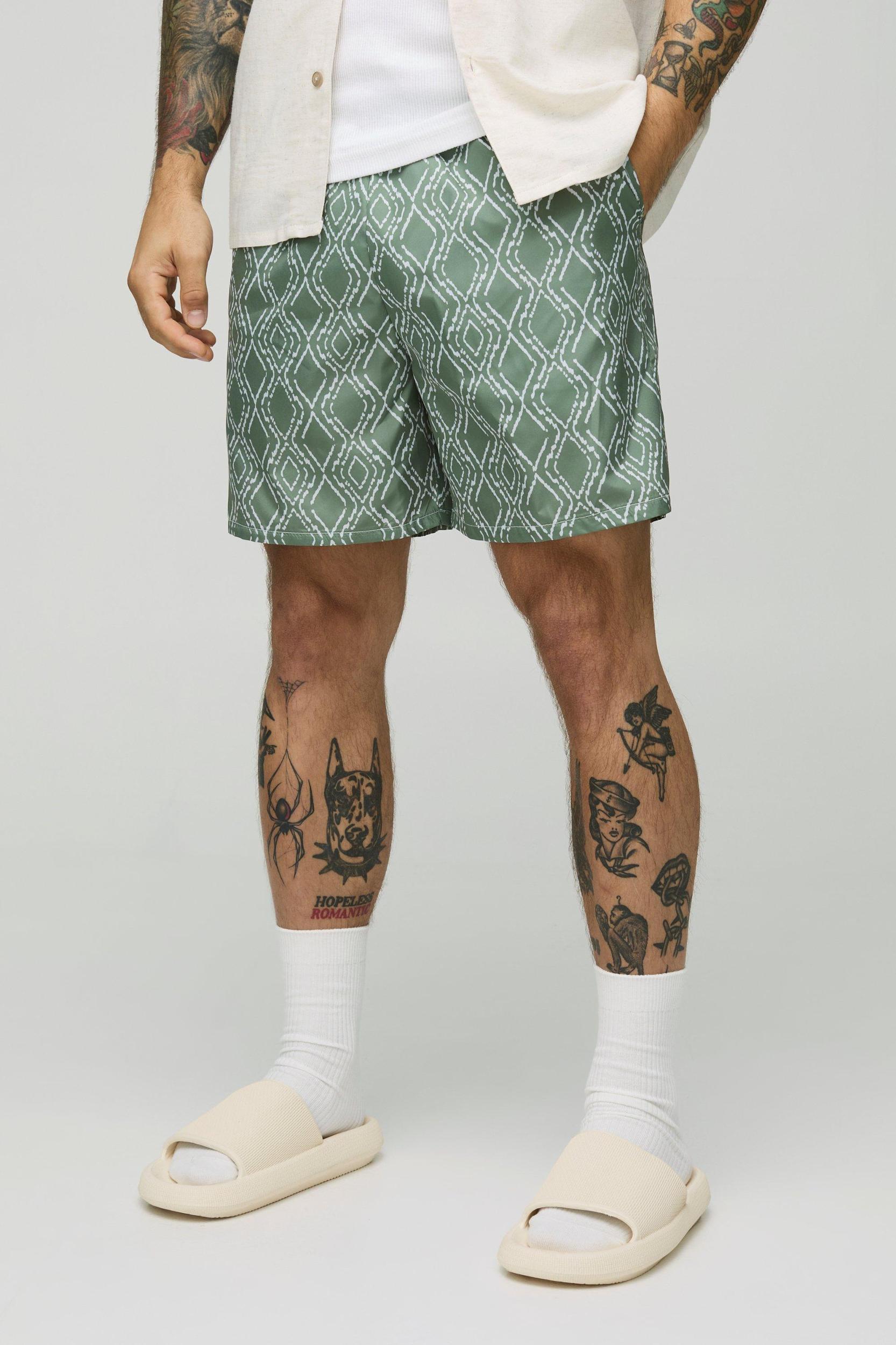 Abstract Pattern Mid Length Swim Trunks | boohooMAN USA Product Image