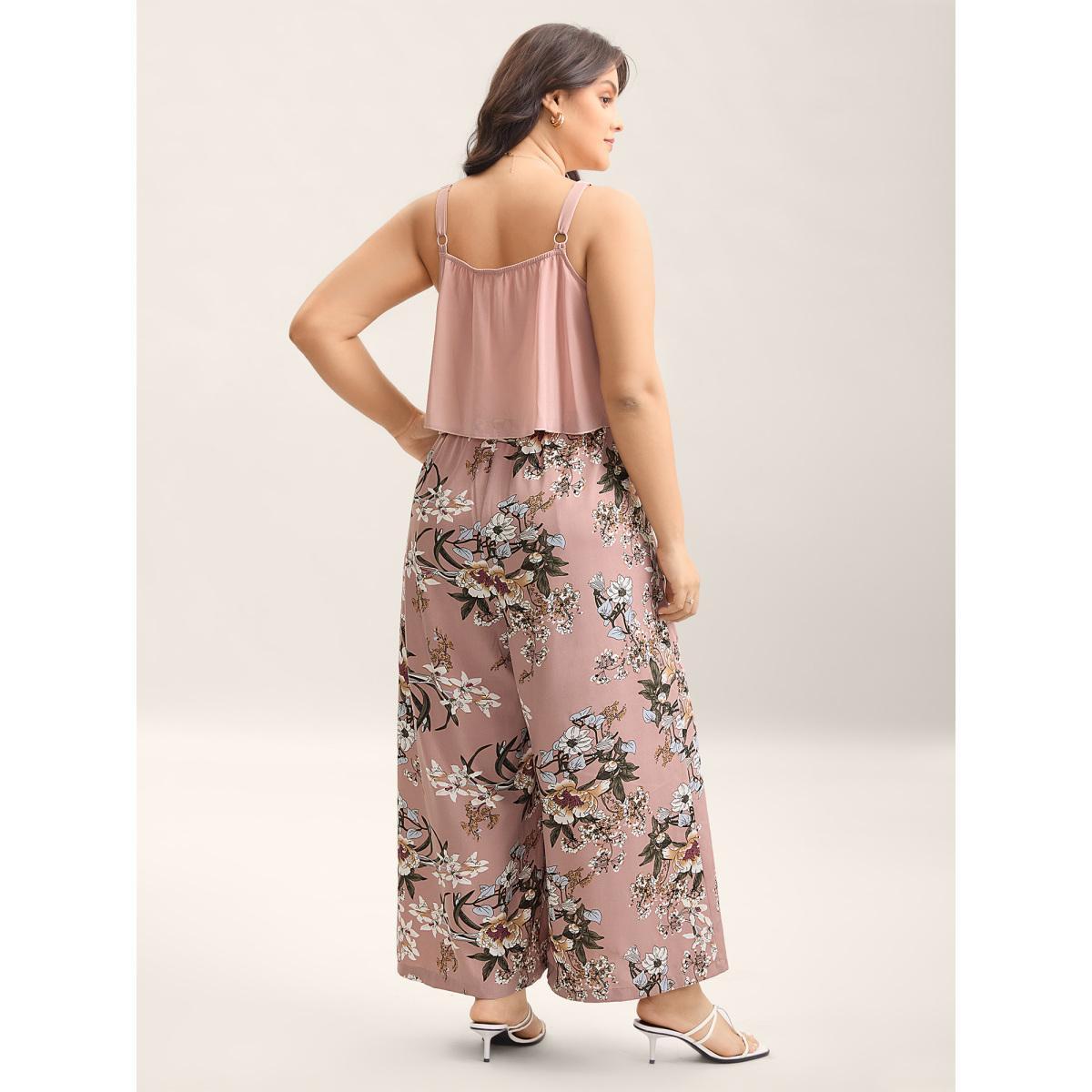 Plus Size DustyPink Large Flower Print Spliced Wide-Leg Jumpsuit Women Sleeveless U-neck Everyday-Elegant Loose Jumpsuits BloomChic 14-16/1X Product Image