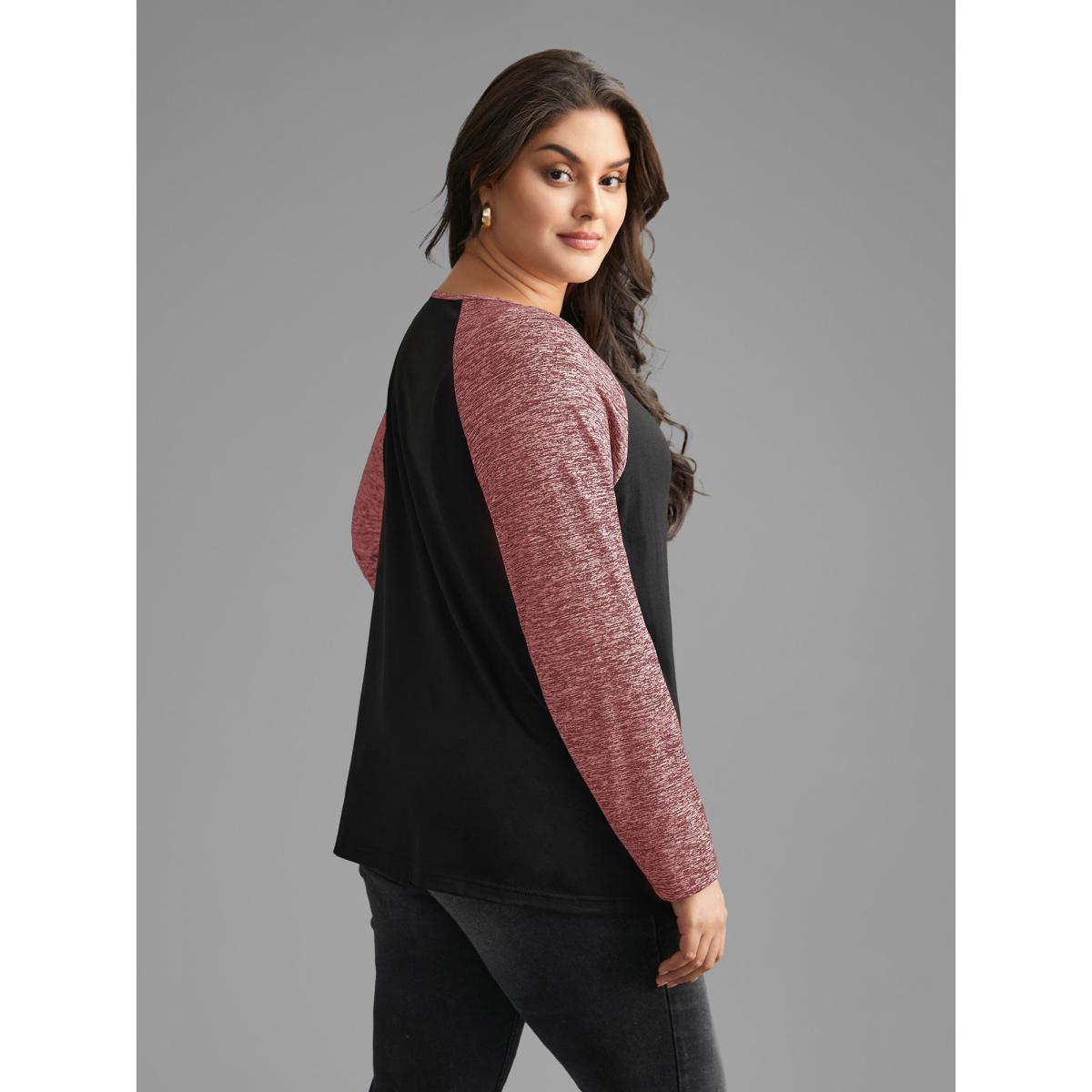 Plus Size Heather Patchwork Button Detail Stretchy T-Shirt Russet Women Casual Contrast Flat collar with V-notch Everyday T-shirts BloomChic 12/L Product Image