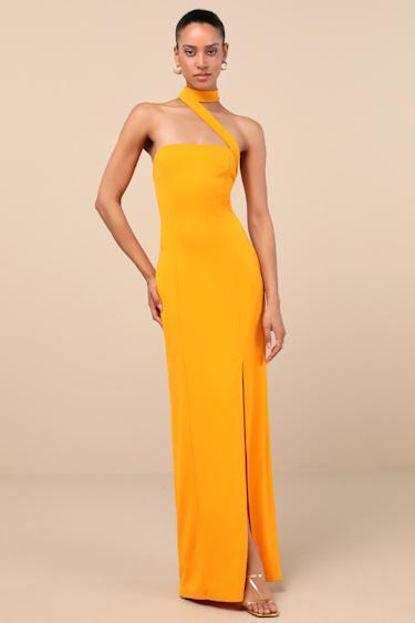 Seraphina Golden Yellow Asymmetrical Column Maxi Dress Product Image