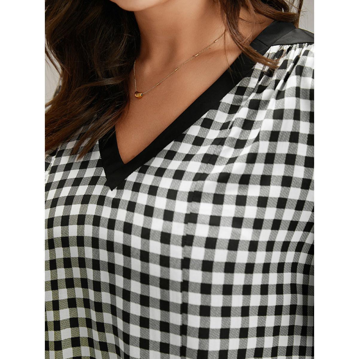 Plus Size Black Gingham Patchwork Ruffle Trim Blouse Women Office Long Sleeve V-neck Work Blouses BloomChic 22-24/3X Product Image