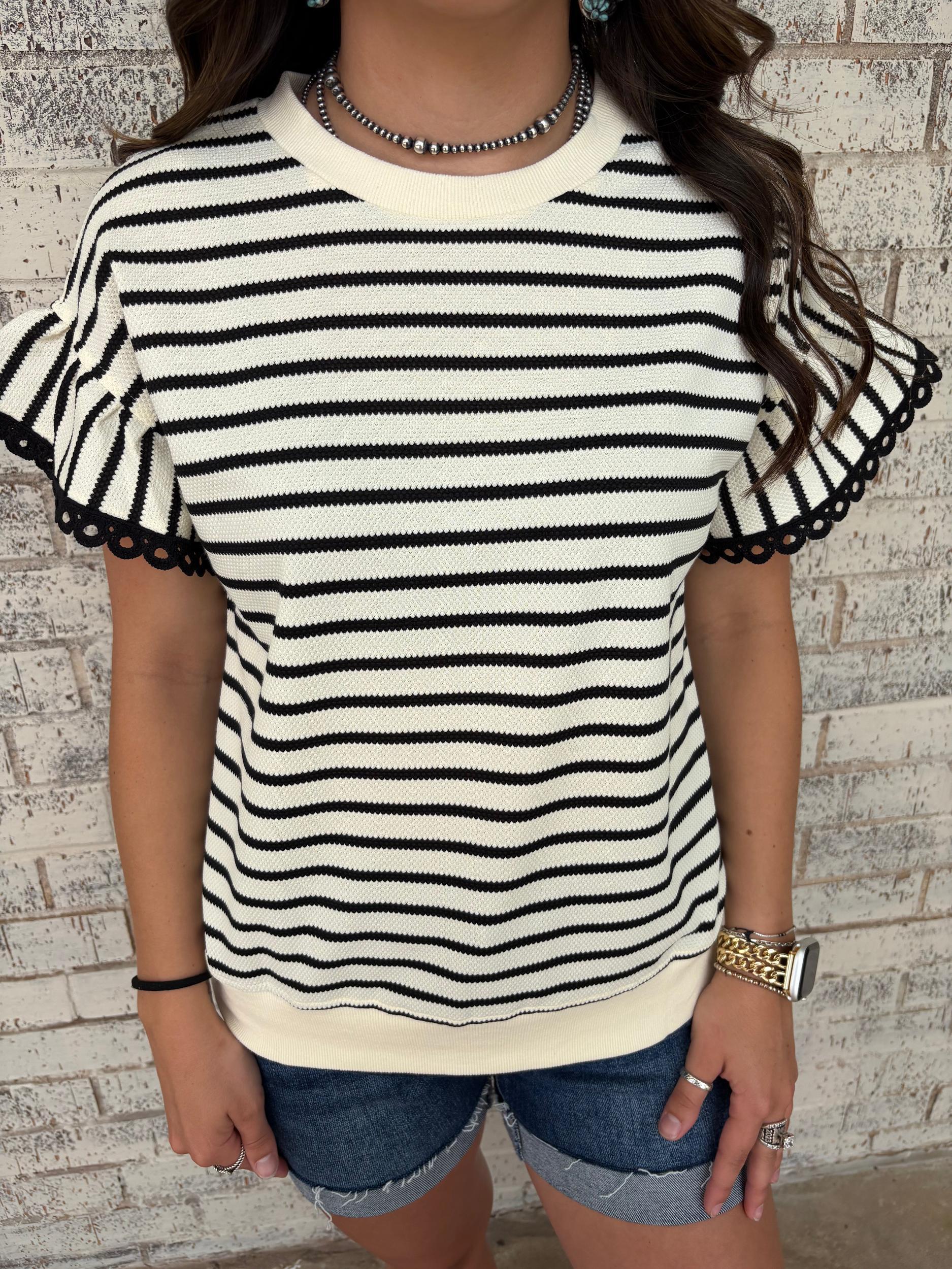 Black Stripe Scallop Lace Trim Ruffle Crewneck Top Product Image