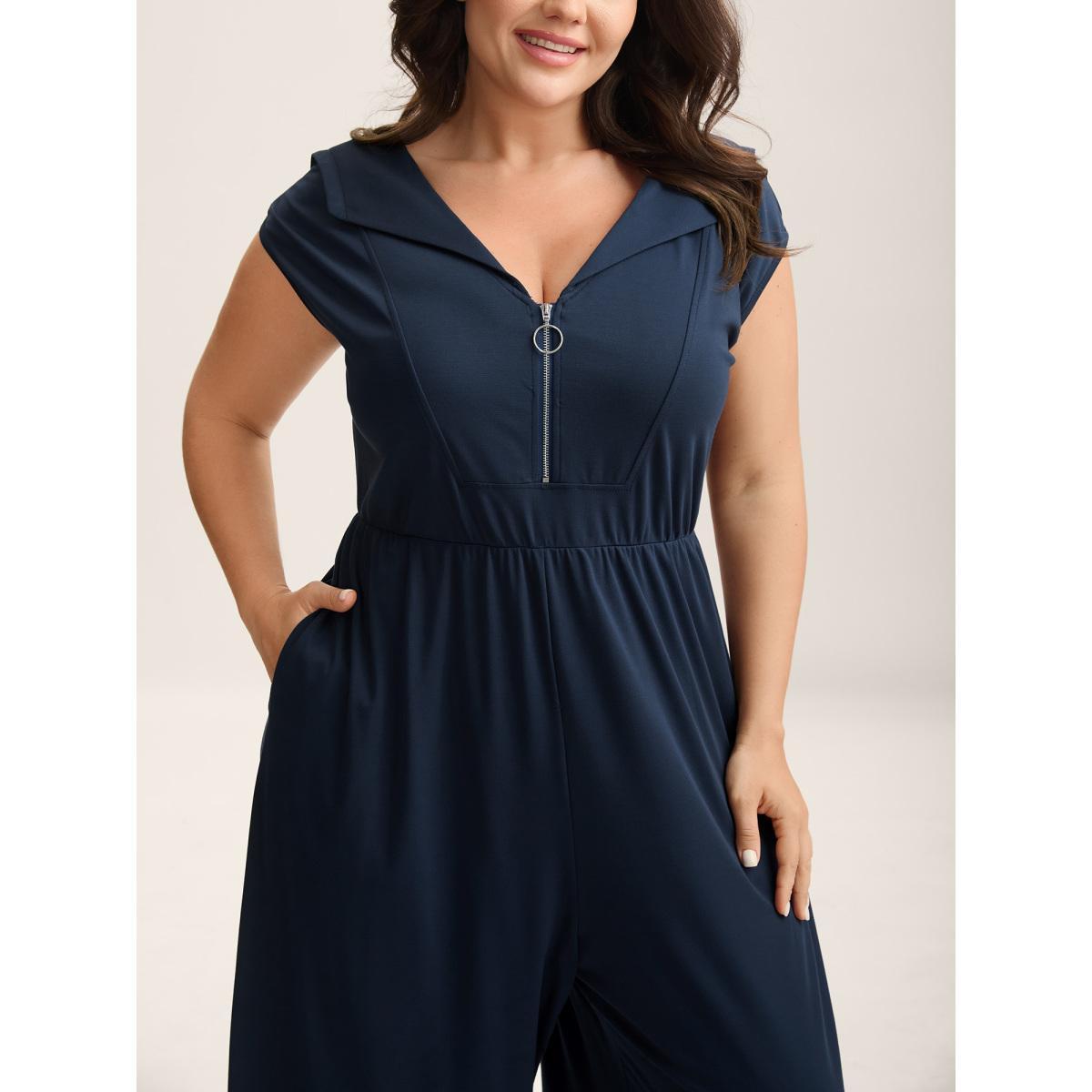 Plus Size Navy Zipper Front Pockets Collar Jumpsuit Women Cap Sleeve V-neck Everyday-Casual Loose Jumpsuits BloomChic 30/6X Product Image