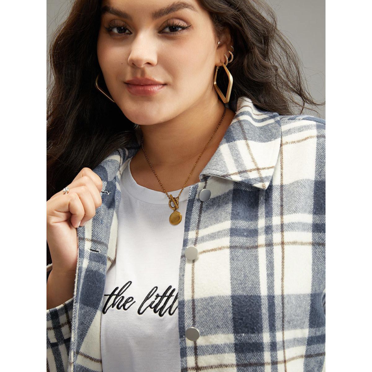 Plus Size Plaid Lapel Collar Metal Detail Pocket Shacket Women DarkBlue Casual Contrast Ladies Everyday Winter Coats BloomChic 10/M Product Image