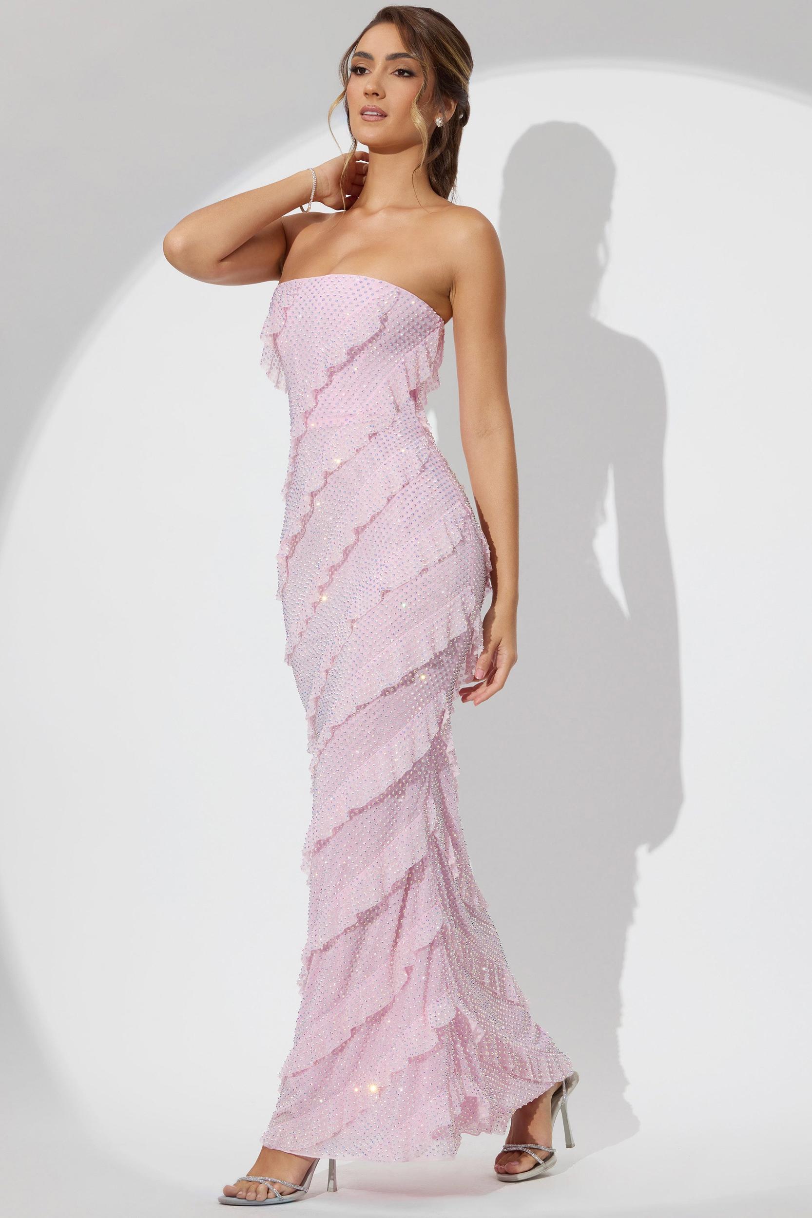Embellished Strapless Ruffle Maxi Dress in Soft Pink Product Image
