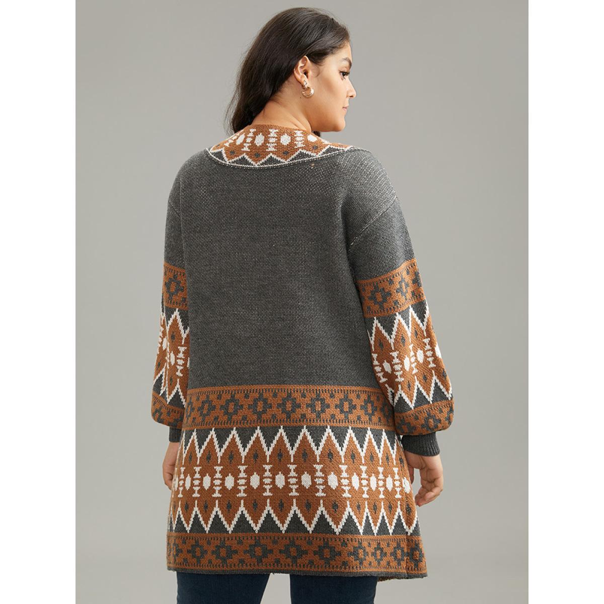 Plus Size Contrast Geometric Pocket Open Front Cardigan DimGray Women Casual Loose Long Sleeve Dailywear Cardigans BloomChic 10/M Product Image