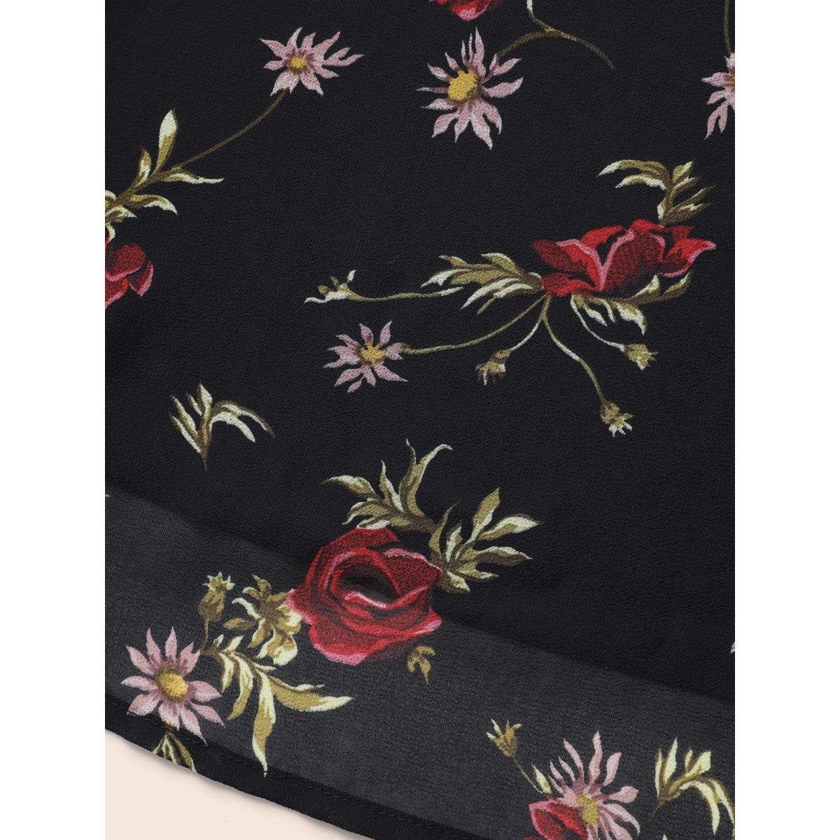 Plus Size Floral Notched Chiffon Mesh Midi Dress Black Women Elegant See through Notched collar Short sleeve Curvy BloomChic 10/M Product Image