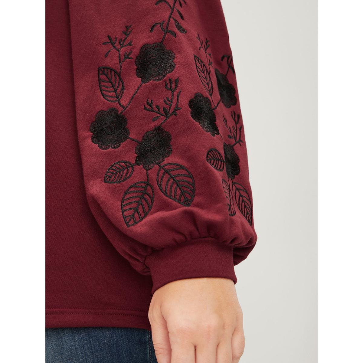 Plus Size Plain Embroidered Lantern Sleeve Drop Shoulder Sweatshirt Women Scarlet Elegant Embroidered Round Neck Dailywear Sweatshirts BloomChic 22-24/3X Product Image