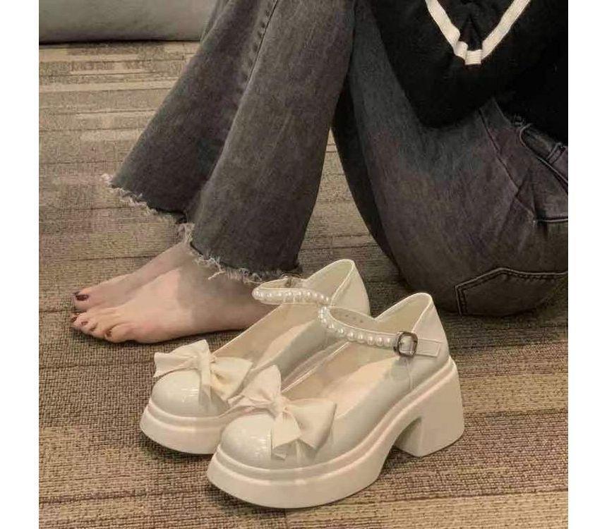 Platform Chunky Heel Bow Faux Pearl Strap Mary Jane Shoes Product Image