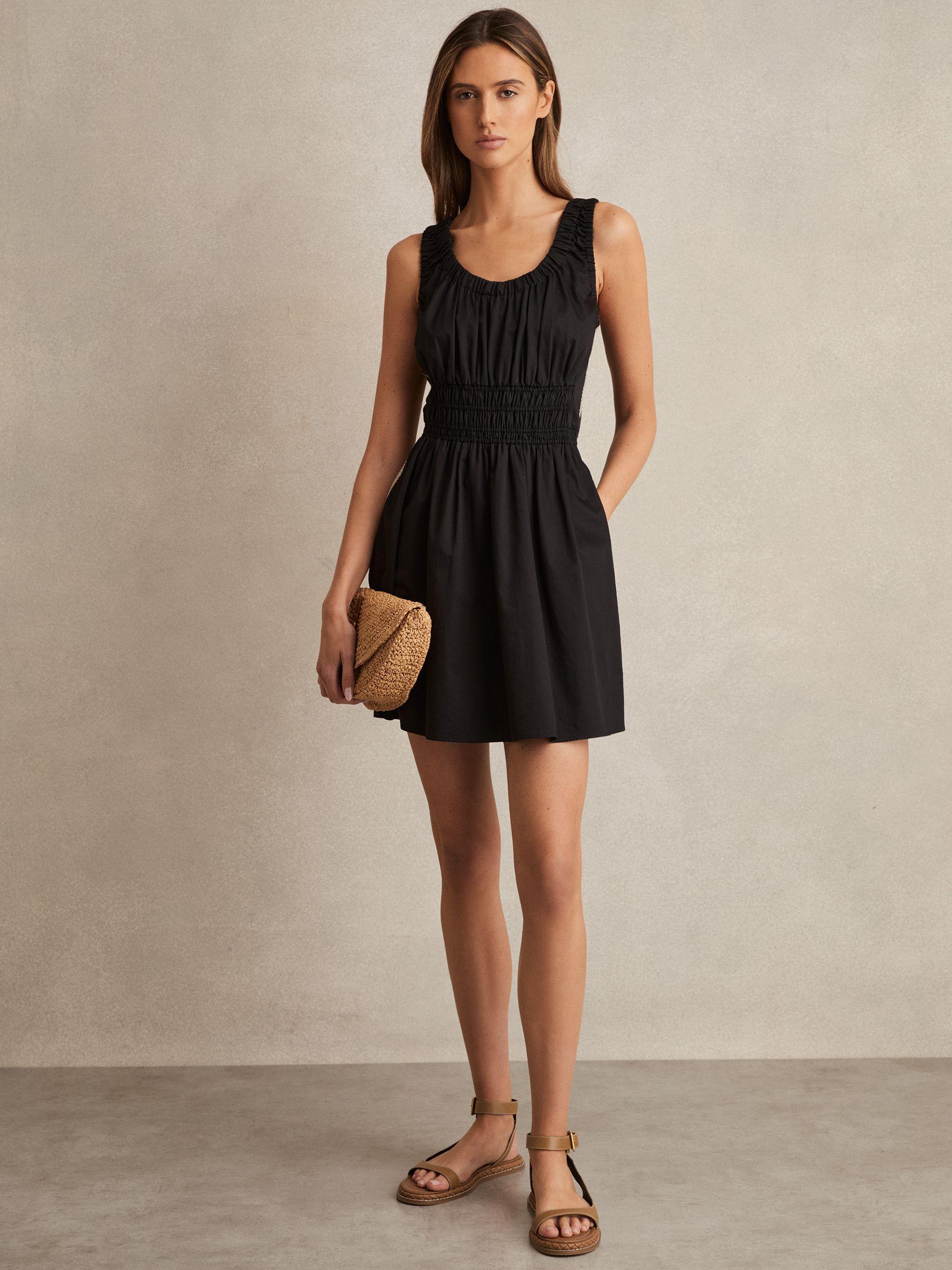 Cotton Craft-Stitch Shirred Mini Dress in Black Product Image