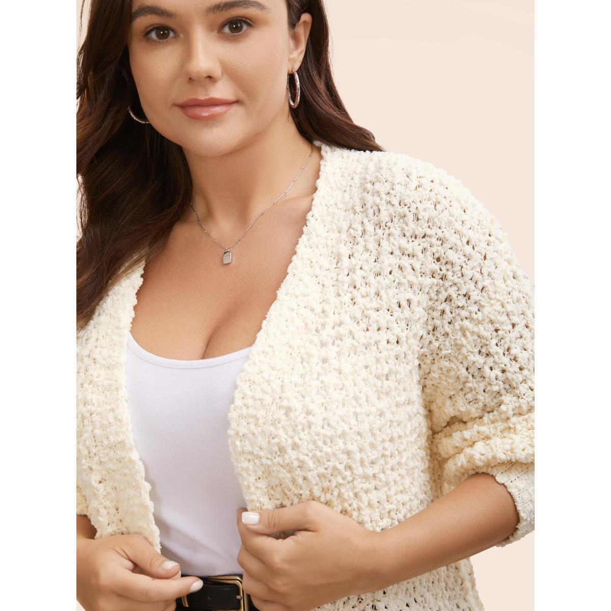 Plus Size Solid Textured Curved Hem Cardigan Beige Women Casual Loose Long Sleeve Everyday Cardigans BloomChic 30/6X Product Image
