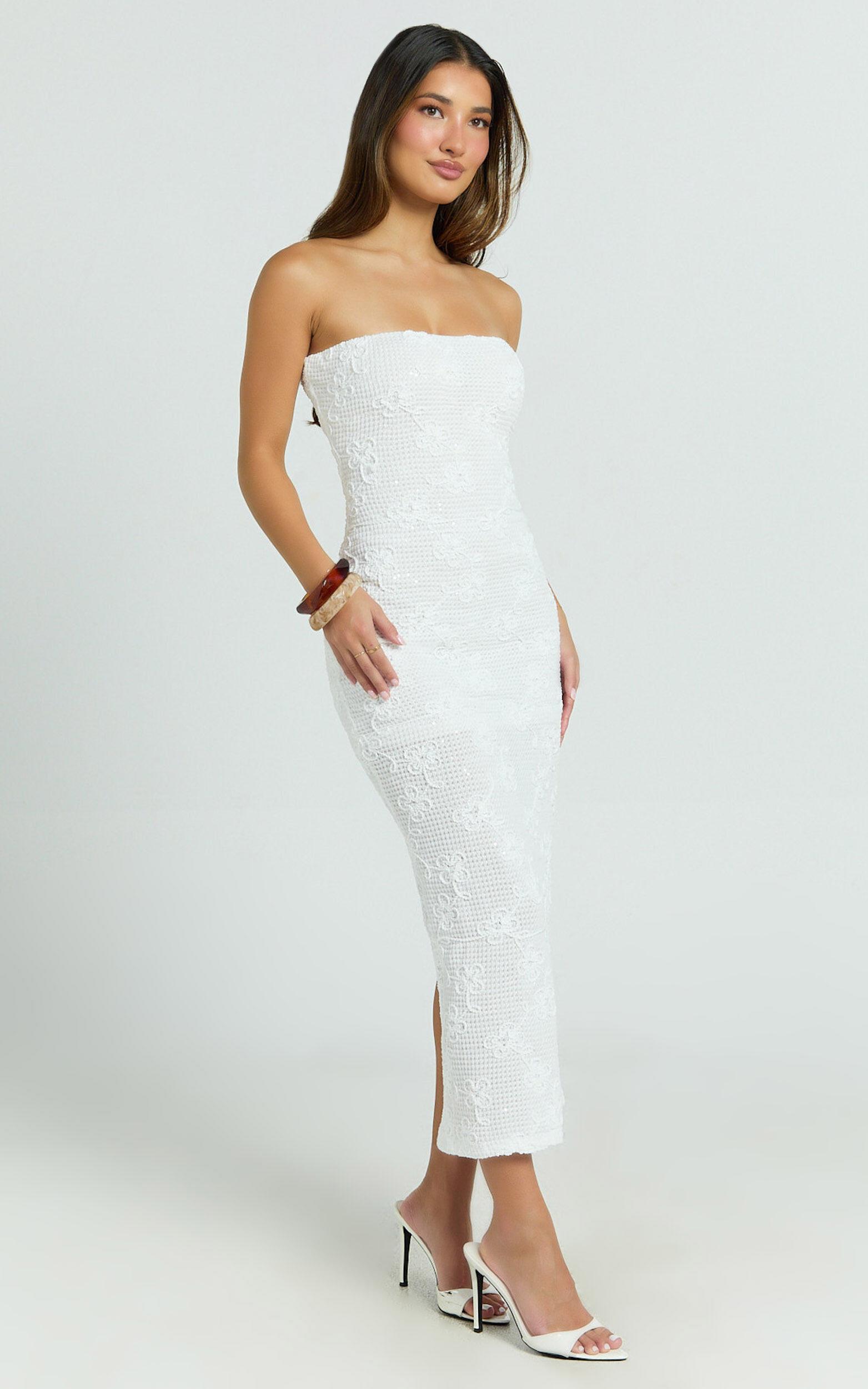 Jamil Midi Dress - Strapless Fitted Jersey Dress in White Product Image