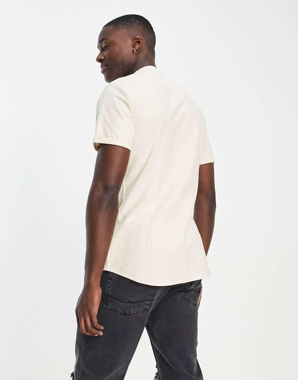 ASOS DESIGN slim oxford shirt with band collar in light beige yarn dye Product Image