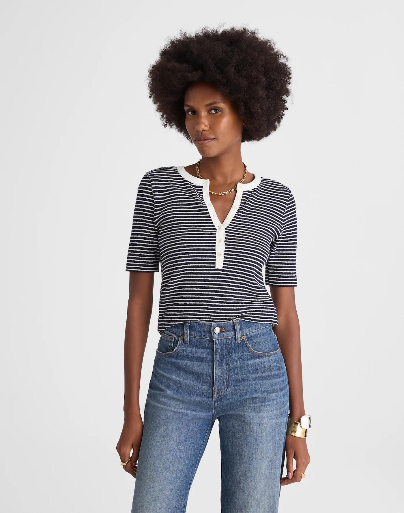 Striped Elbow-Sleeve Henley Tee Product Image