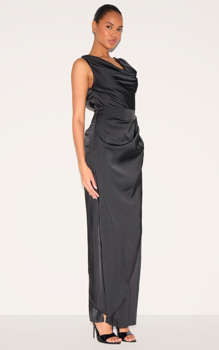 Black Satin Cowl Neck Draped Maxi Dress Product Image