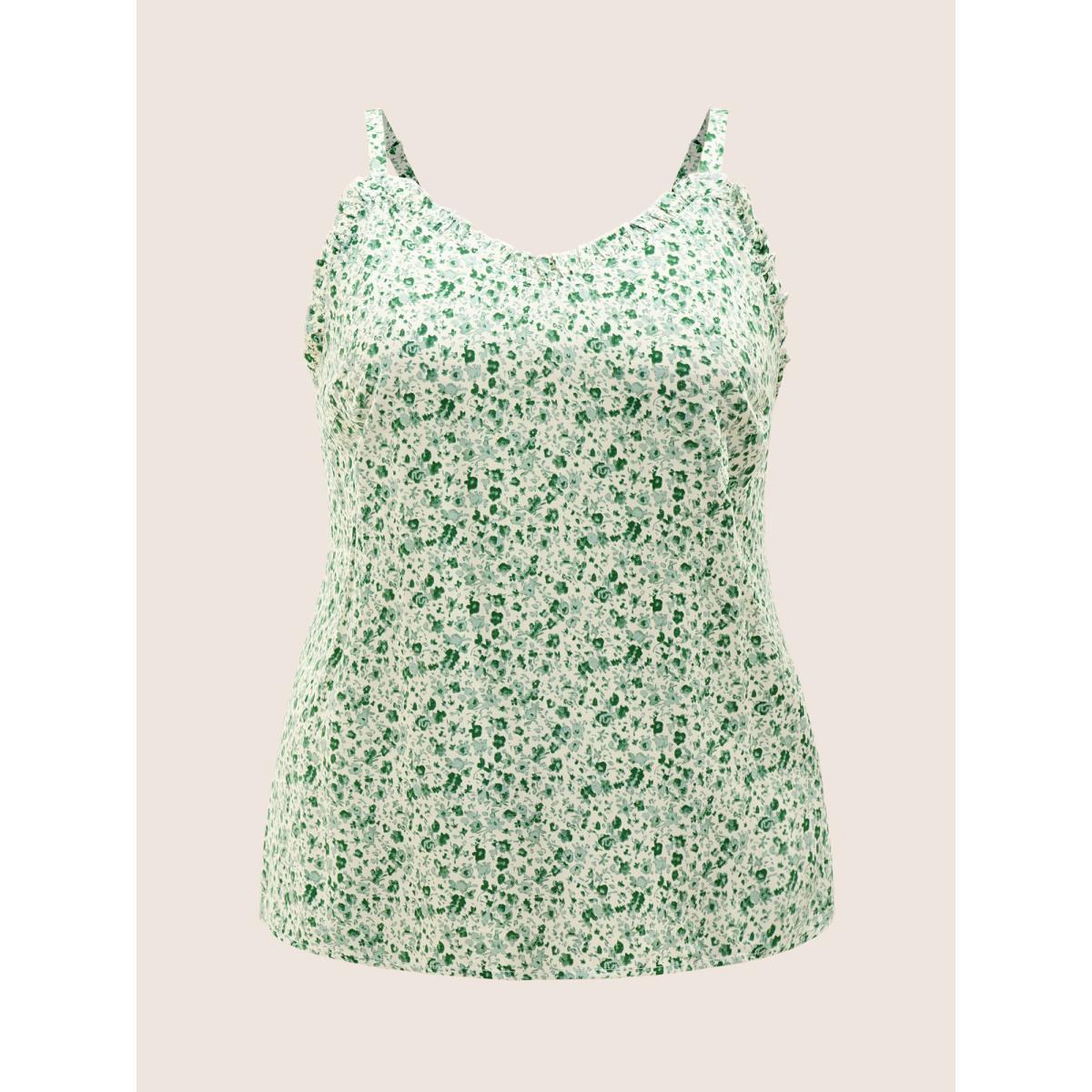 Plus Size Ditsy Floral Frill Trim Adjustable Straps Cami Top Women Moss Casual Frill Trim V-neck Everyday Tank Tops Camis BloomChic 30/6X Product Image