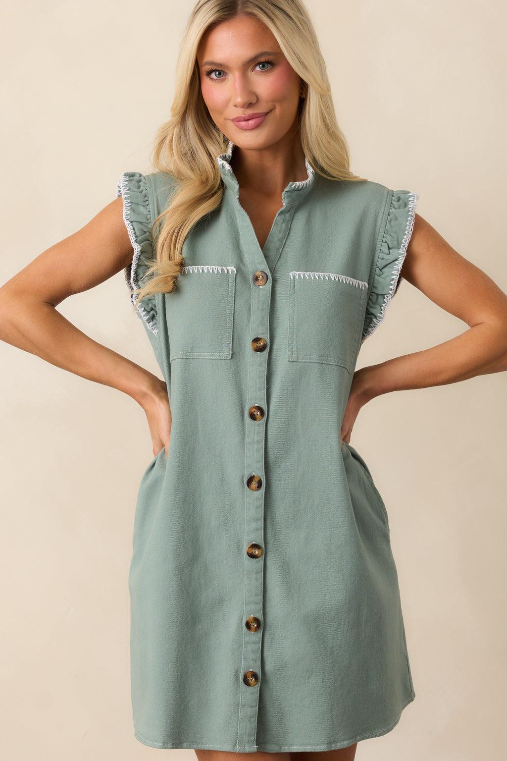 Bed & Breakfast Sage Green Button Front Mini Dress Product Image