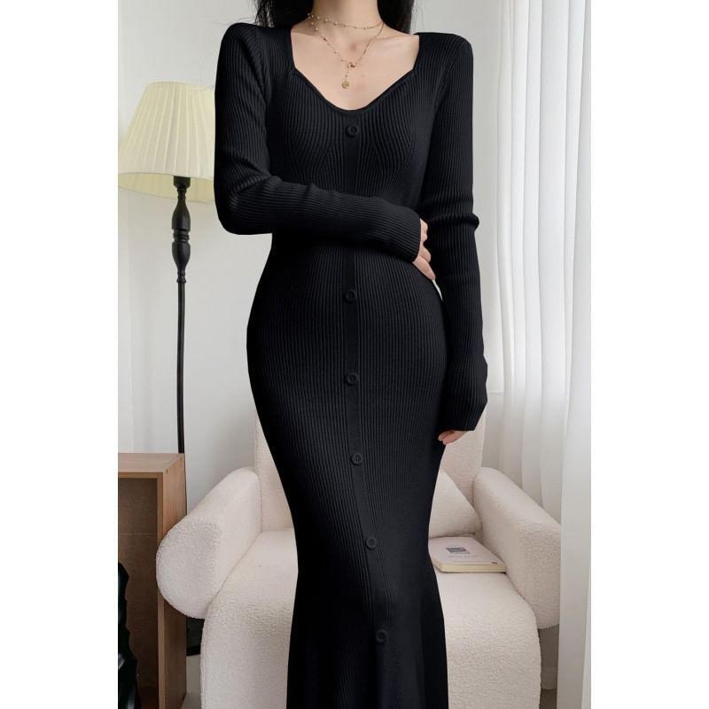 Long-Sleeve Plain Ribbed Midi Mermaid Knit Dress Product Image