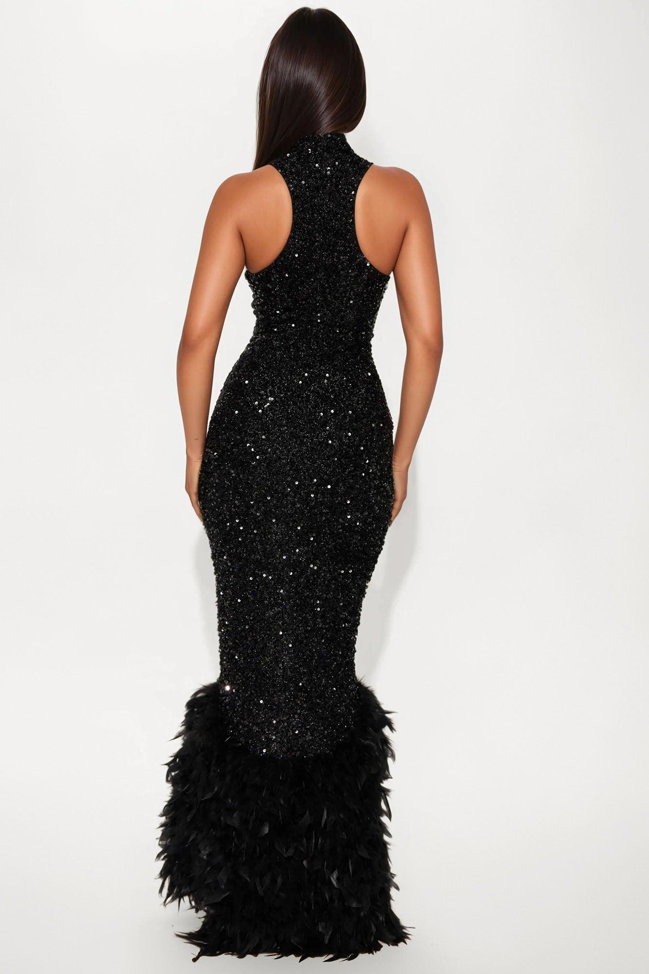 Zoey Feathered Sequin Gown - Black Product Image
