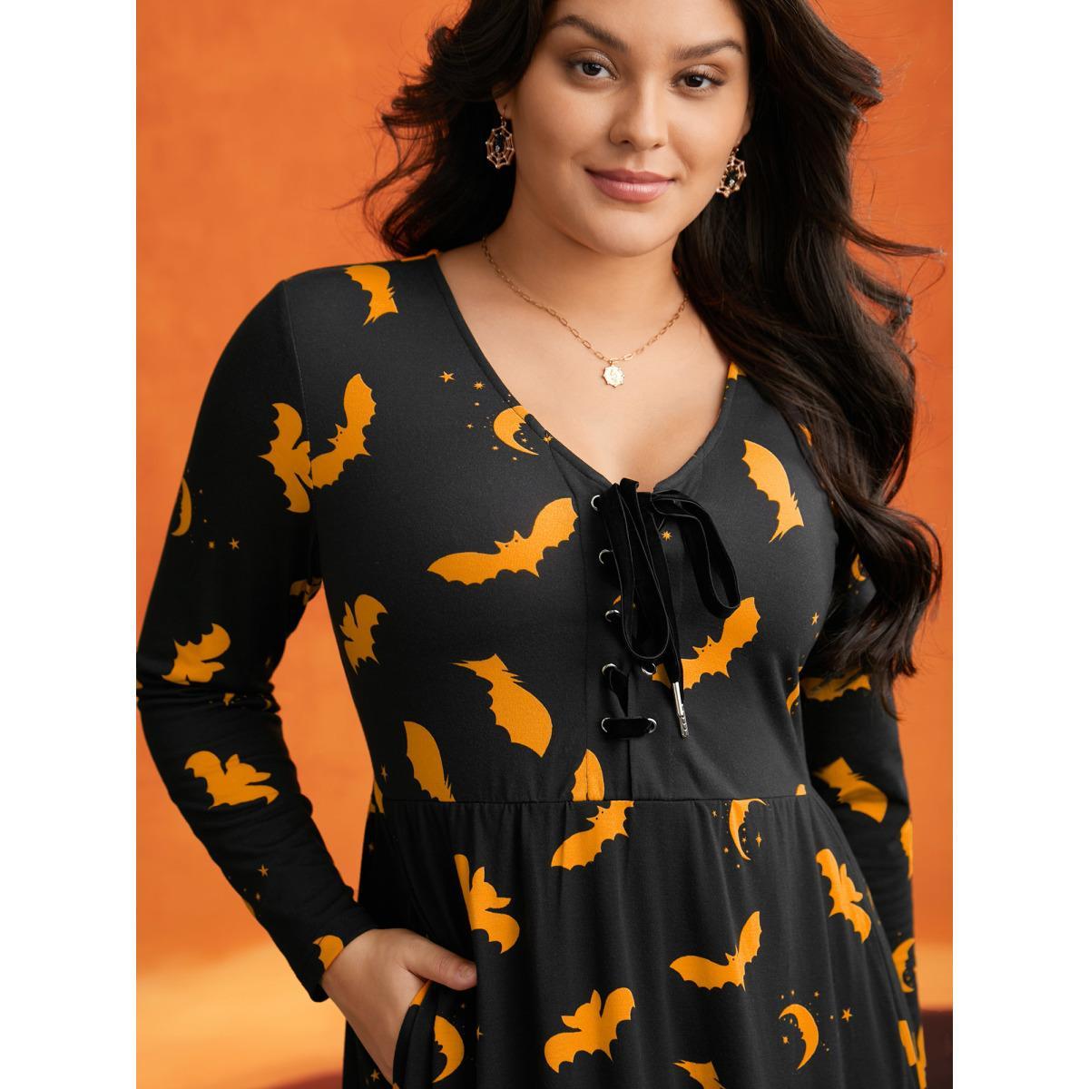 Plus Size Bat Printed Velvet Drawstring Midi Dress Brightorange Women Cocktail Wraparound straps Party Curvy Bloomchic 26/4X Product Image