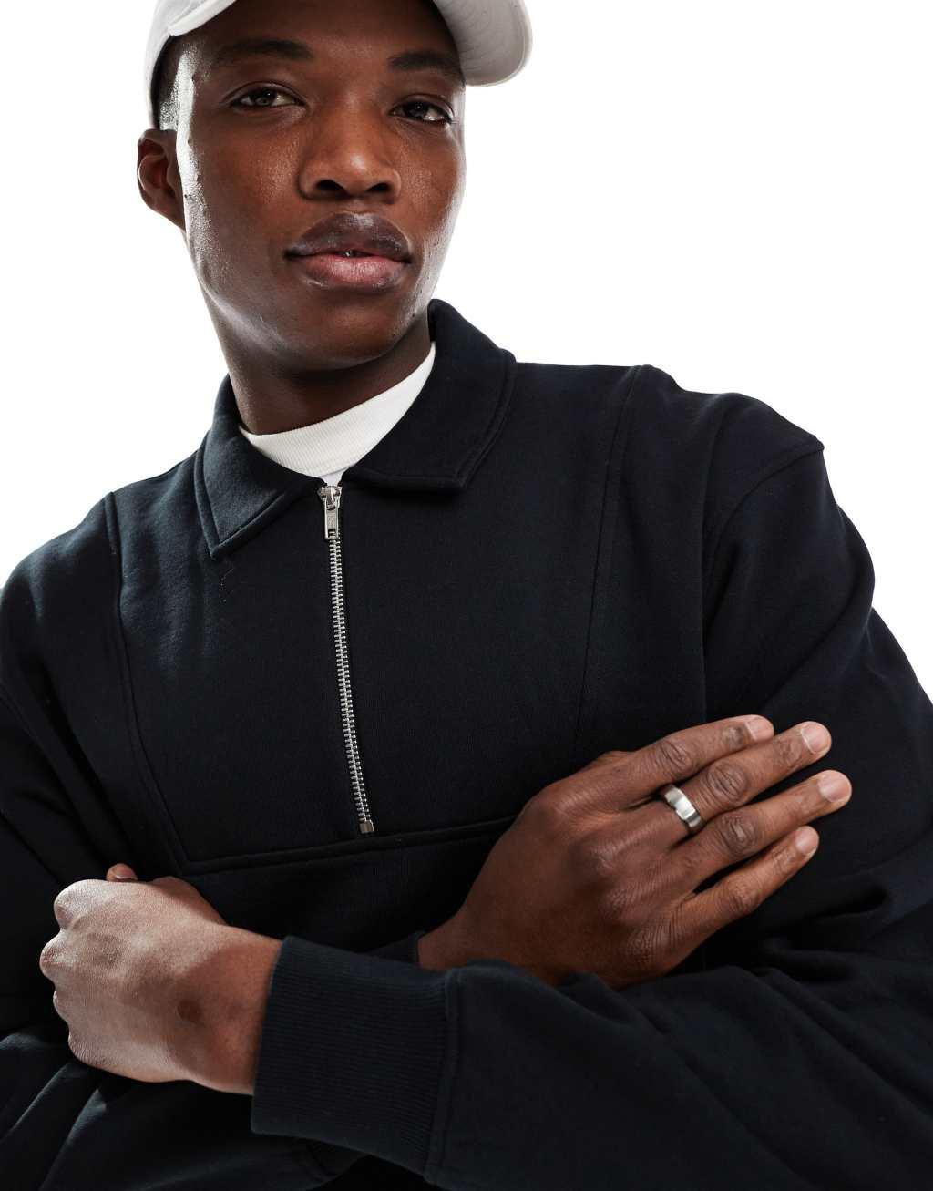 ASOS DESIGN oversized boxy quarter zip sweatshirt in black Product Image
